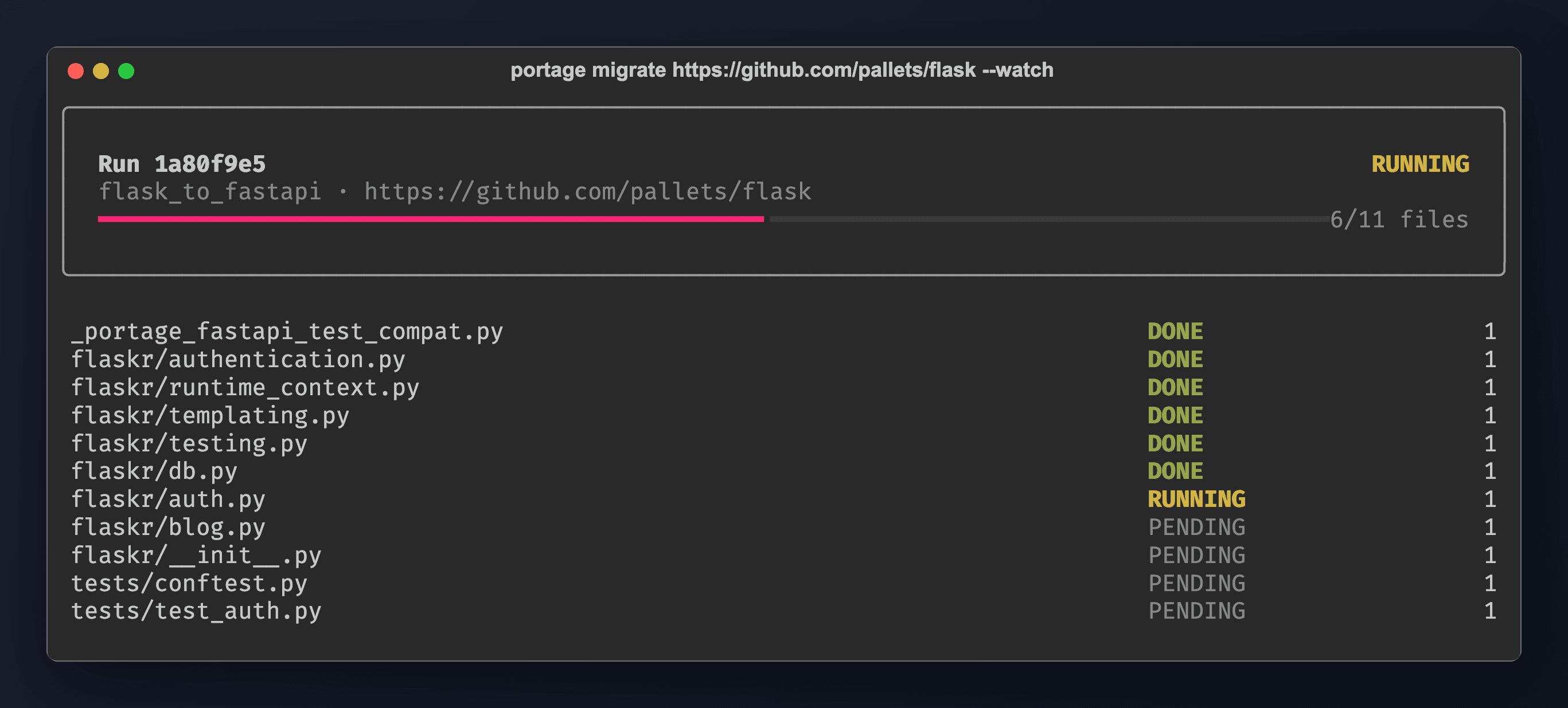 Portage CLI: live task transitions during portage migrate --watch