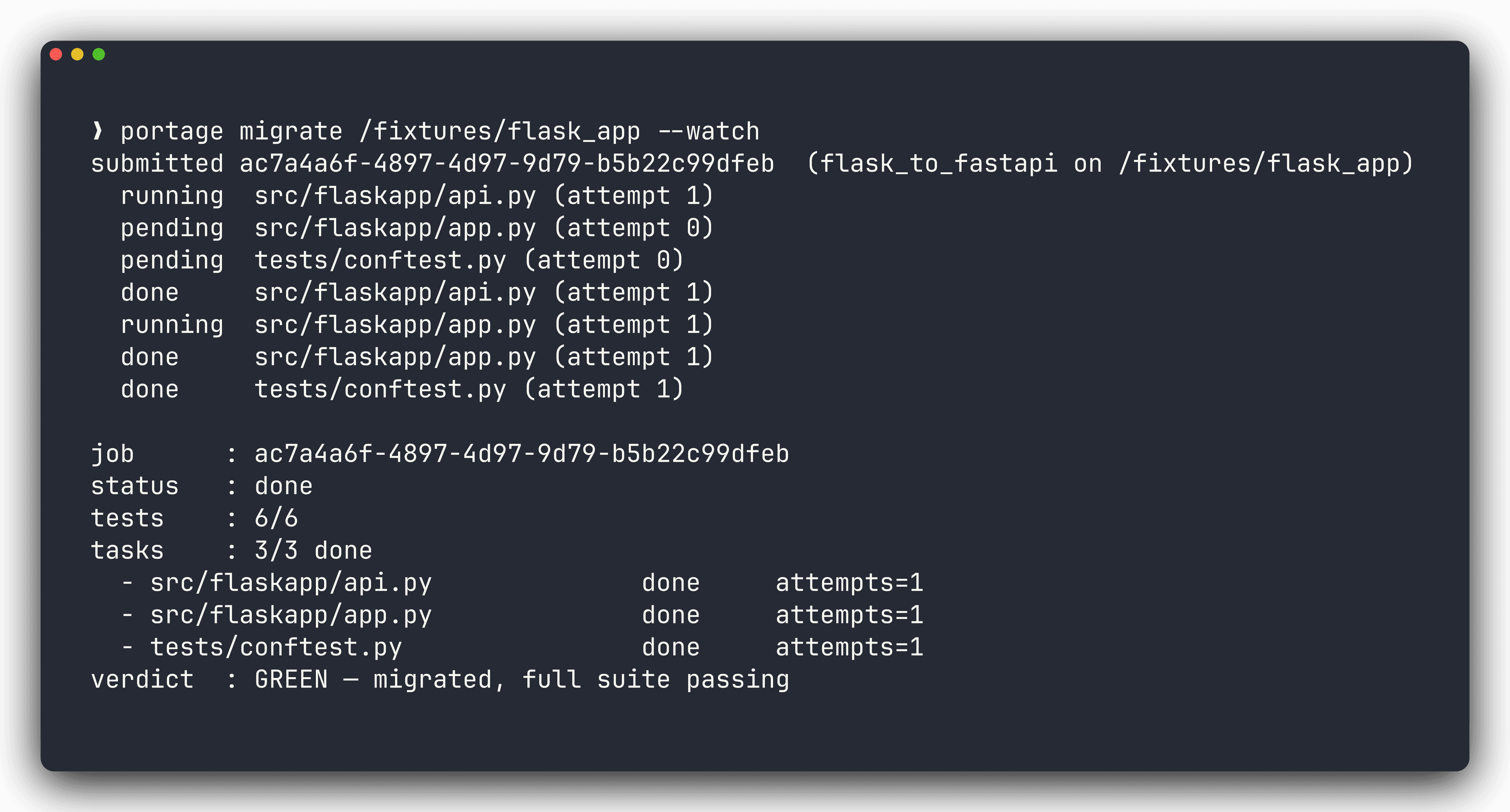 Portage CLI — live task transitions during portage migrate --watch