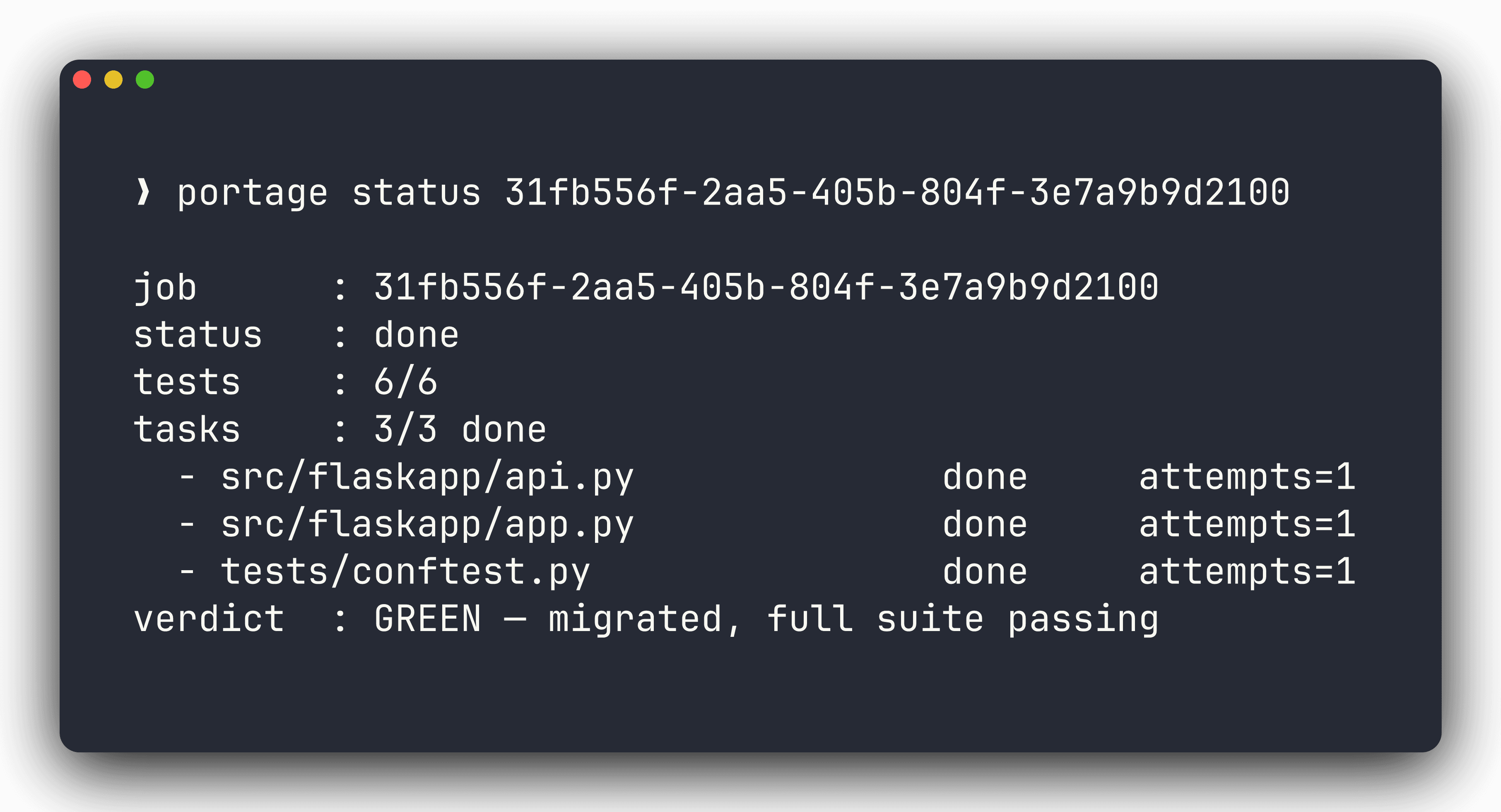 Portage CLI — task tree, attempts, and verdict for one job
