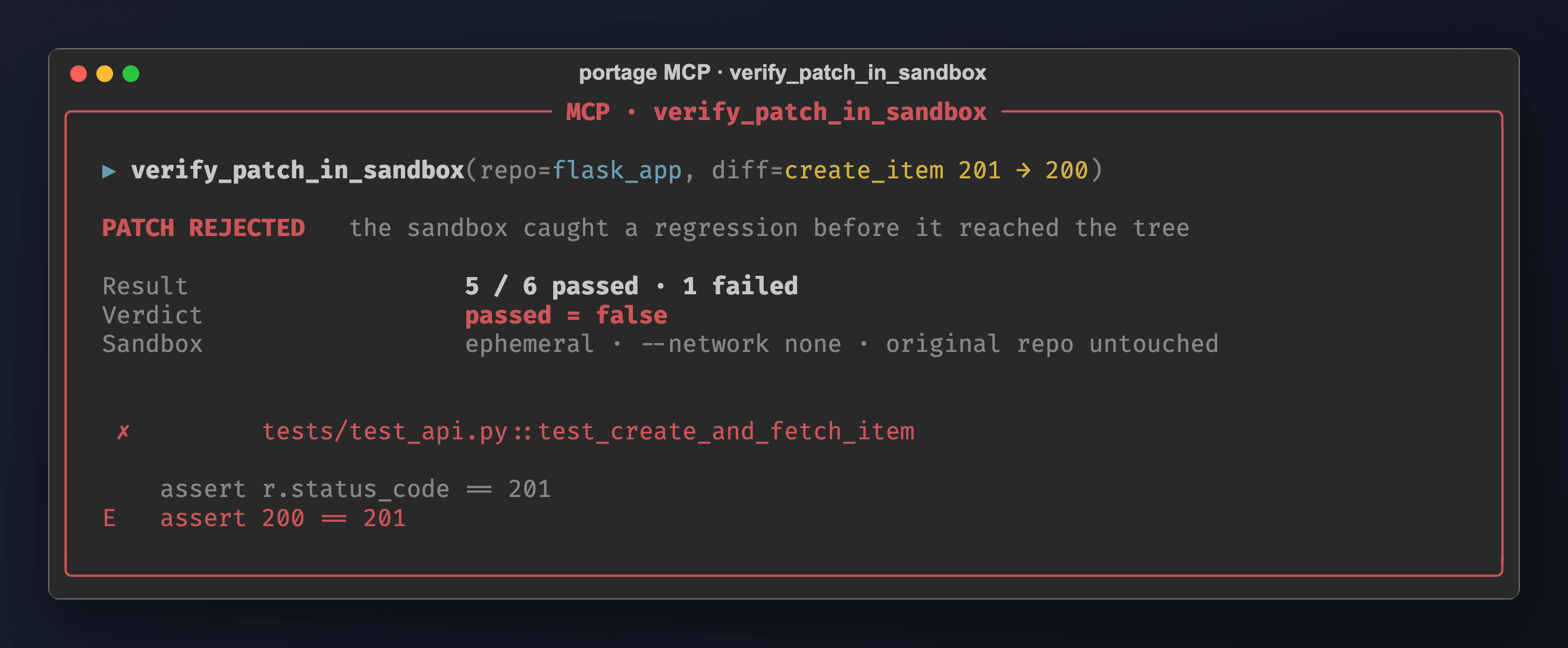 Portage MCP: a breaking diff applied in the sandbox and honestly failed with named tests