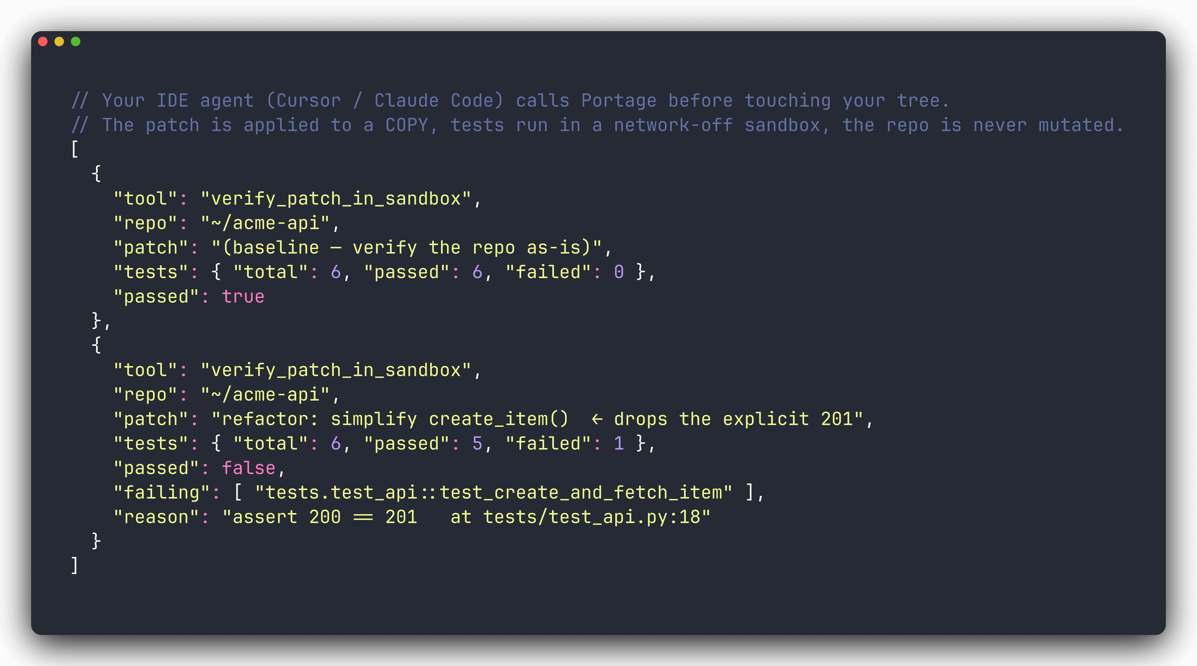 Portage MCP — a breaking diff applied in the sandbox and honestly failed with named tests